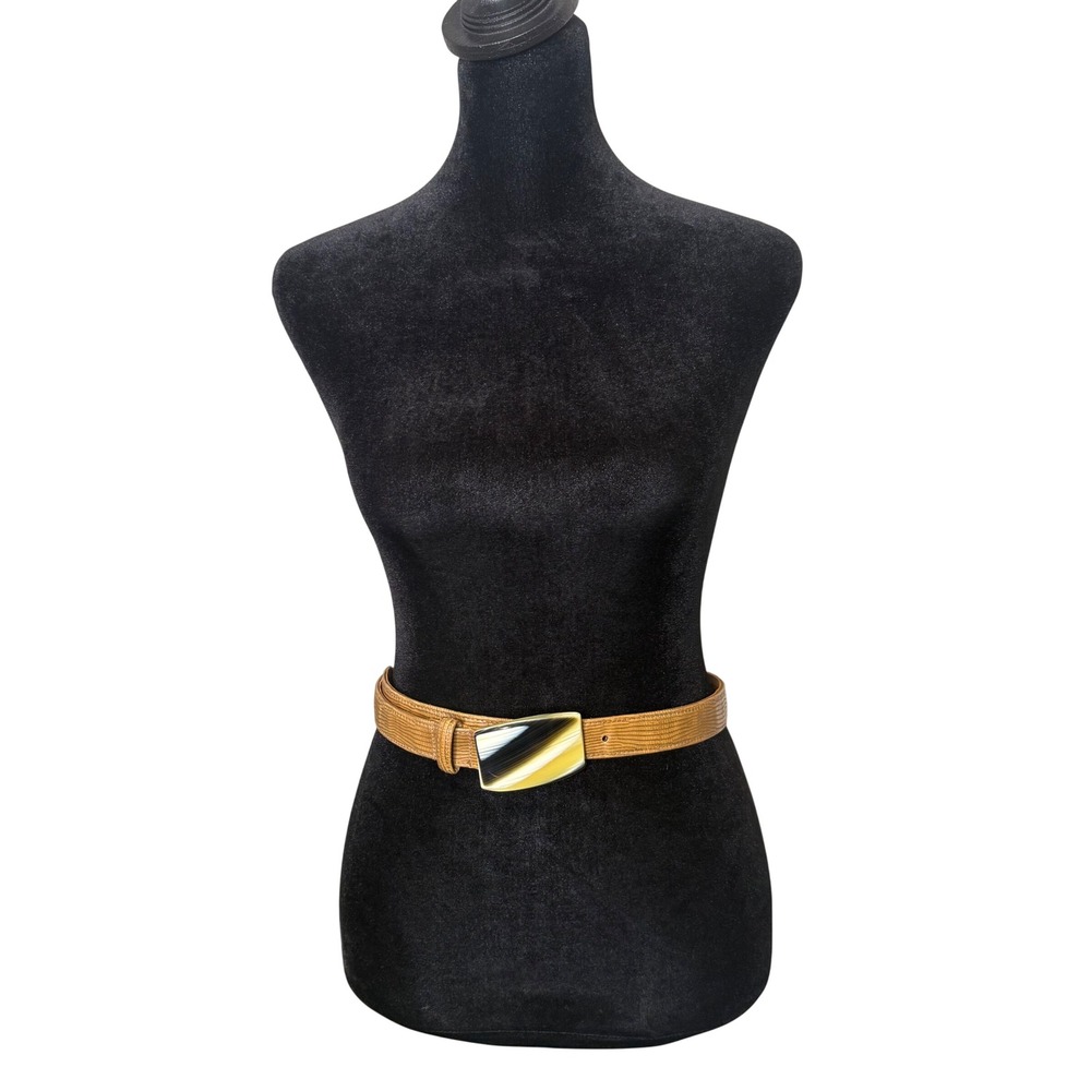 Vintage Carlisle Skinny Statement‎ Belt Size S Tan Leather Horn Buckle Capsule